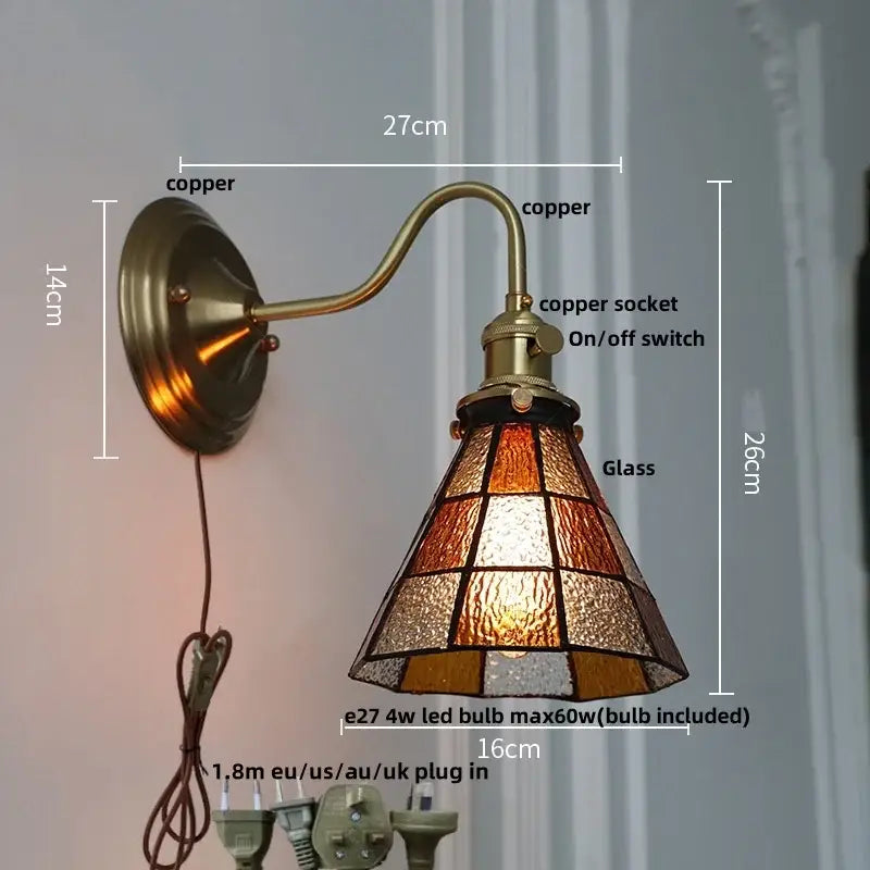 Antique-style copper wall sconce with stained amber and clear panels for vintage green glass LED wall stair lighting