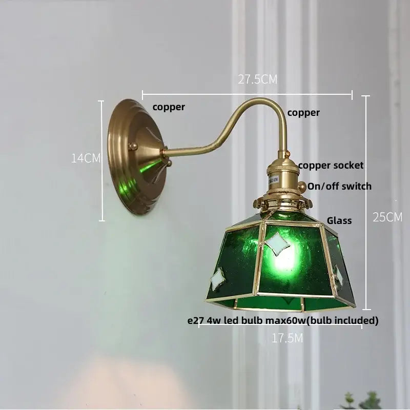 Vintage green glass led wall sconce with copper brass star frame and diamond cutouts for stair or hallway lighting