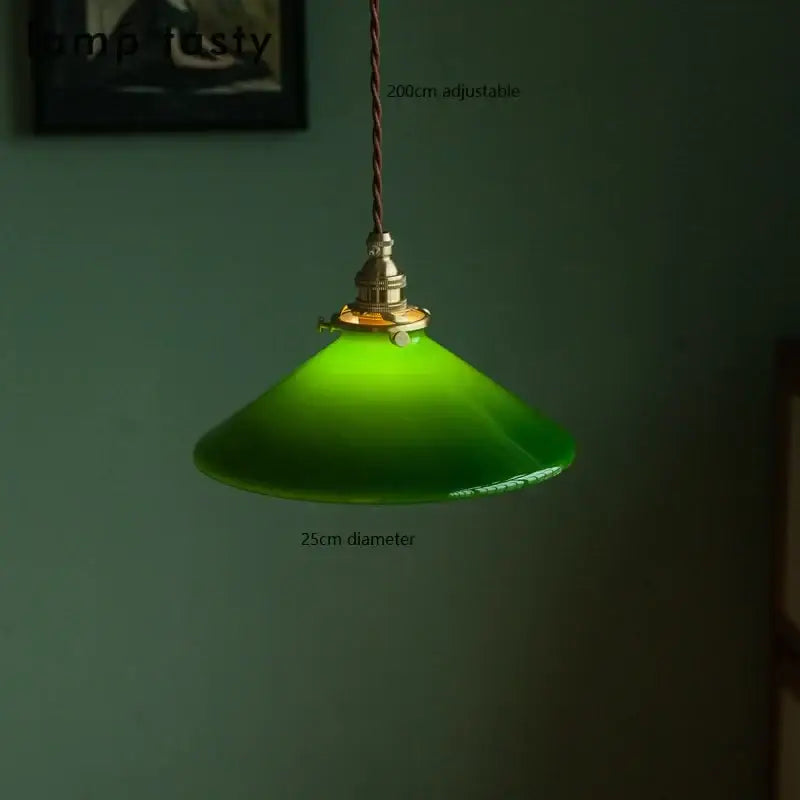 Vintage green glass pendant lamp with brass hardware 25cm diameter and adjustable 200cm cord for kitchen lighting