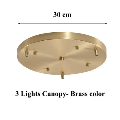 Brass-colored circular ceiling canopy with six mounting points for vintage green glass pendant light dining room fixture