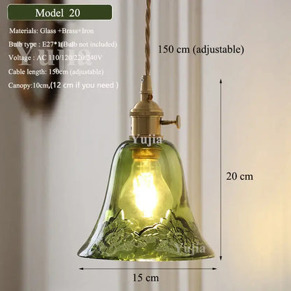 Vintage green glass pendant light with ruffled petal design and brass iron hardware for dining room lighting