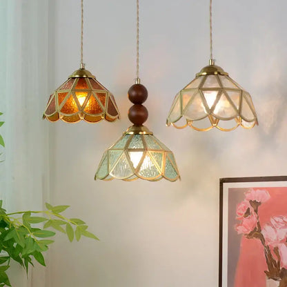 Vintage green glass pendant light with brass frame and wood beads featuring amber green and clear stained glass shades for dining room decorbites blue glass led compatible