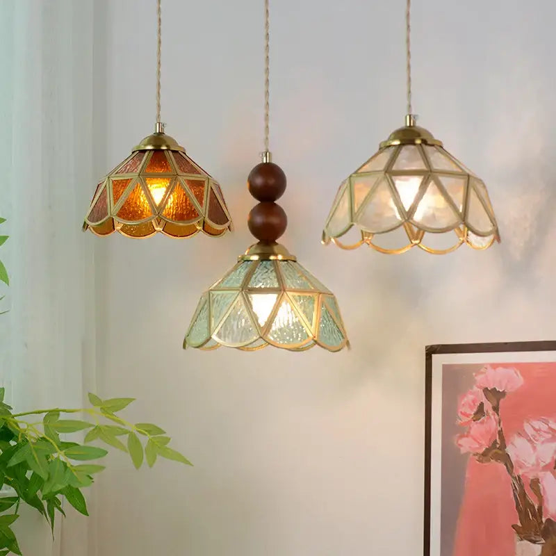 Vintage green glass pendant light with brass frame and wood beads featuring amber green and clear stained glass shades for dining room decorbites blue glass led compatible