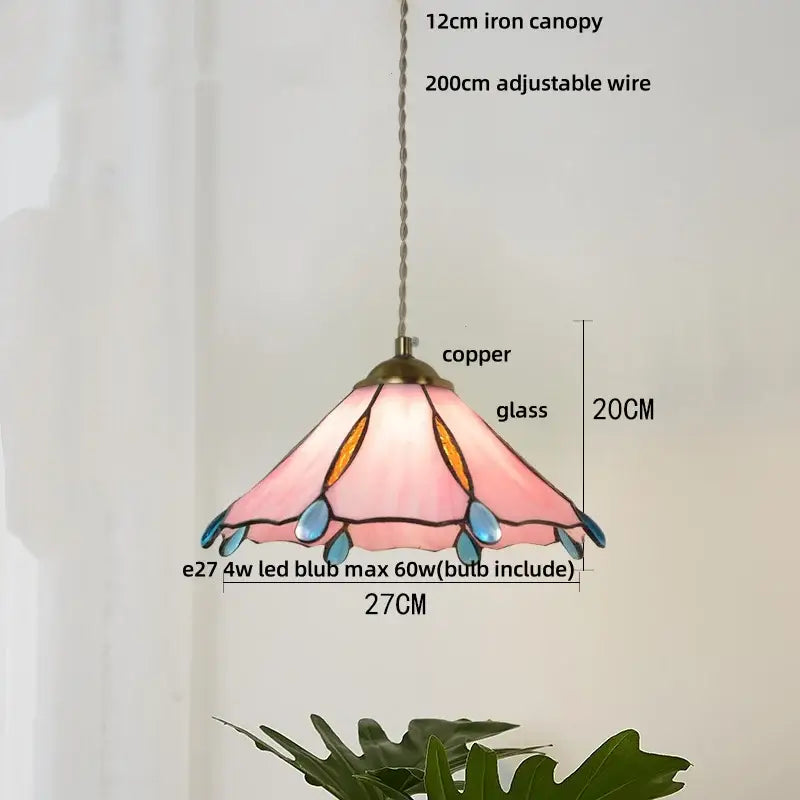Vintage green glass pendant light with pink stained glass, copper accents, and decorbites blue glass led details for dining room