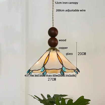 Vintage green glass pendant light with tiffany-style stained glass shade and wood beads for dining room decorbites blue glass led