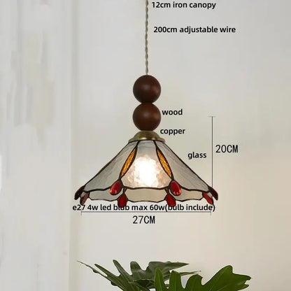 Vintage green glass pendant light with wood beads and stained glass shade featuring red and amber accents for dining room decorbites blue glass led