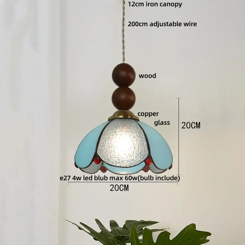 Vintage green glass pendant light with decorbites blue glass led, wooden beads, copper accents, and textured globe for dining room decor