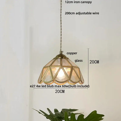 Vintage green glass pendant light with stained amber glass in copper frame and wood beads for dining room decorbites blue glass