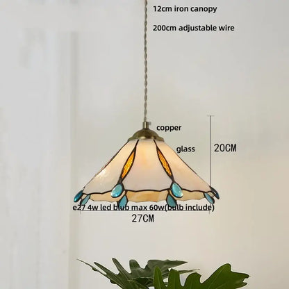 Vintage 27cm tiffany-style pendant light with copper iron canopy, cream and teal stained glass shade for dining decorbites blue glass