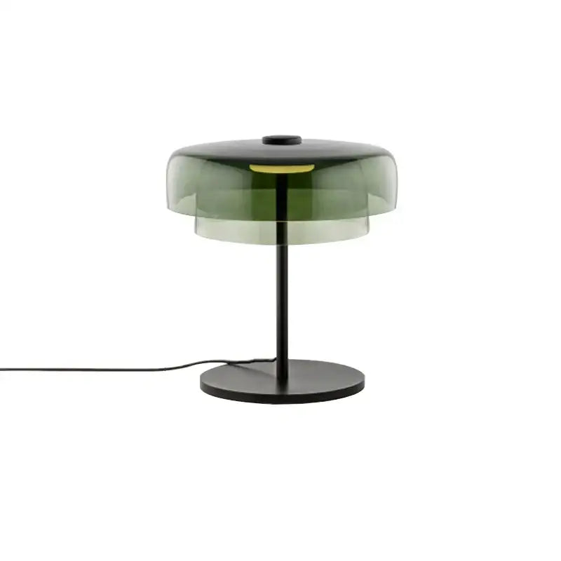 Vintage green glass table lamp with sleek black metal base and layered olive-green shades for bedroom luxury decor