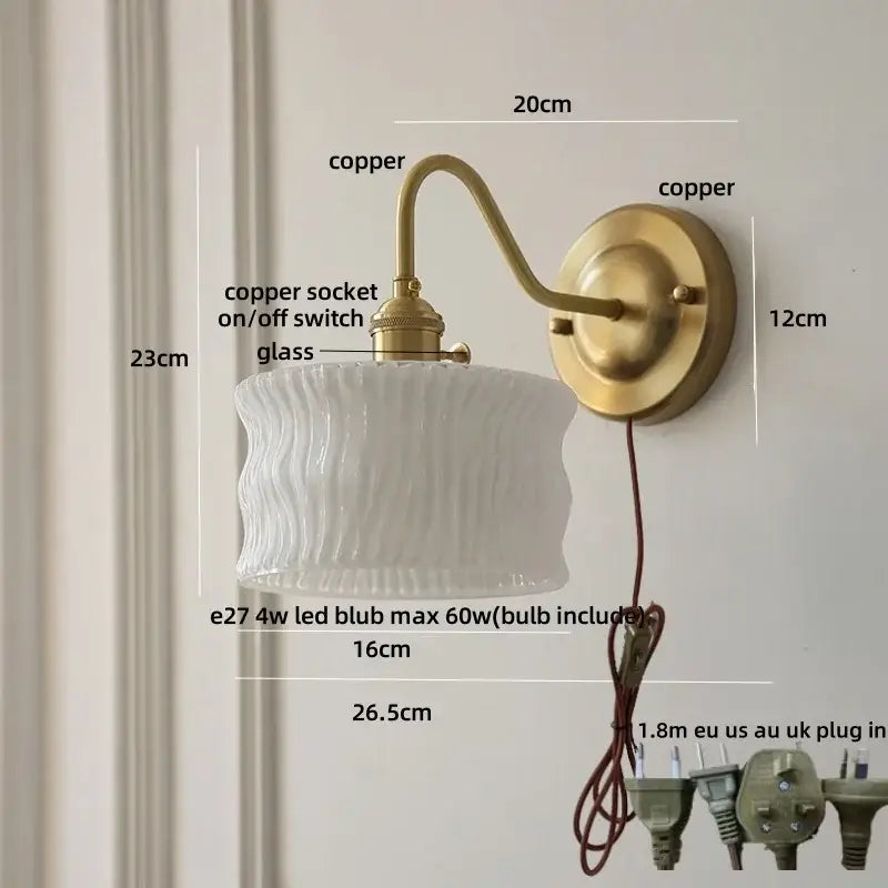 Antique brass copper wall light with textured white glass shade and copper knob switch featuring vintage green glass design