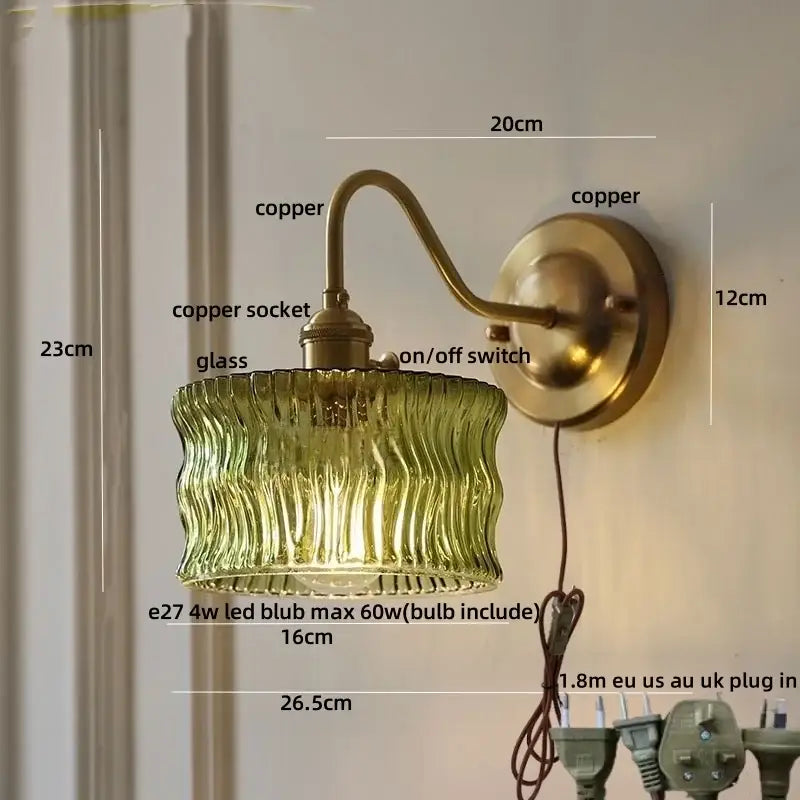 Vintage green glass wall light with ribbed shade brass copper knob switch for bedroom lighting