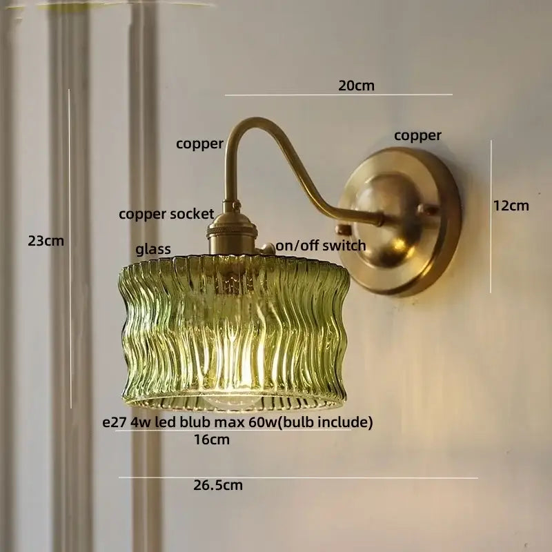Vintage green glass wall light with textured shade and polished copper knob switch for bedroom use