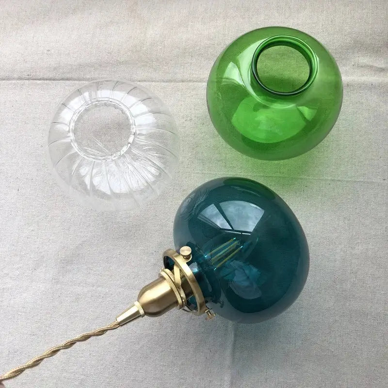 Vintage green ribbed glass brass pumpkin led pendant light with clear green and teal glass shades for bedroom decorbites brass pumpkin