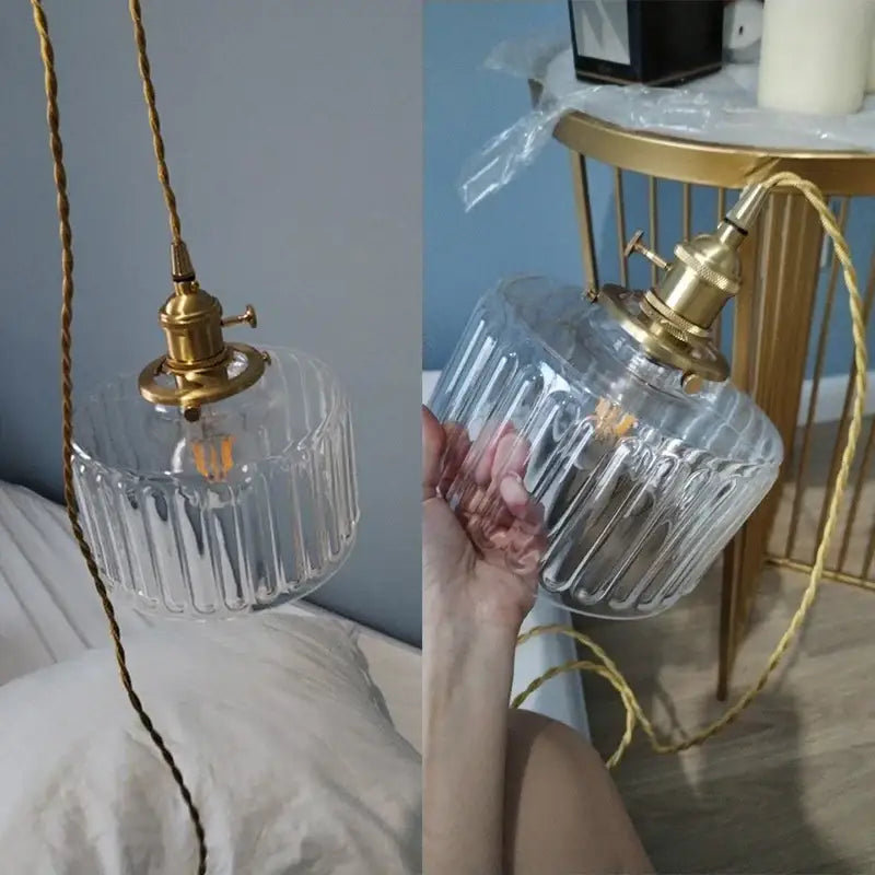 Clear glass pendant light with vertical ridges and brass pumpkin led socket from decorbites for vintage bedroom decor