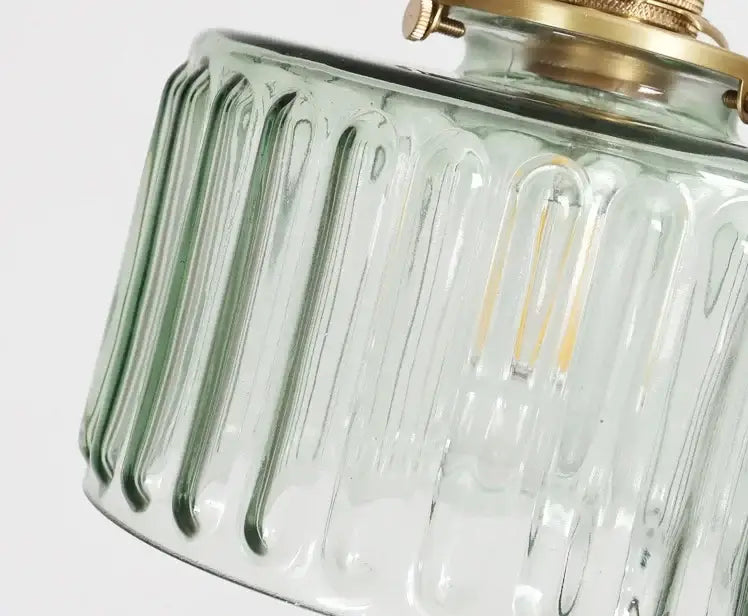 Vintage green ribbed glass led pendant lamp with brass metal fixture for dining room use