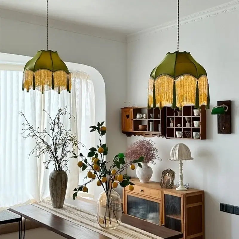 Two olive-green fringed velvet pendant lights with golden tassels for living room decorbites green tassel pendant light