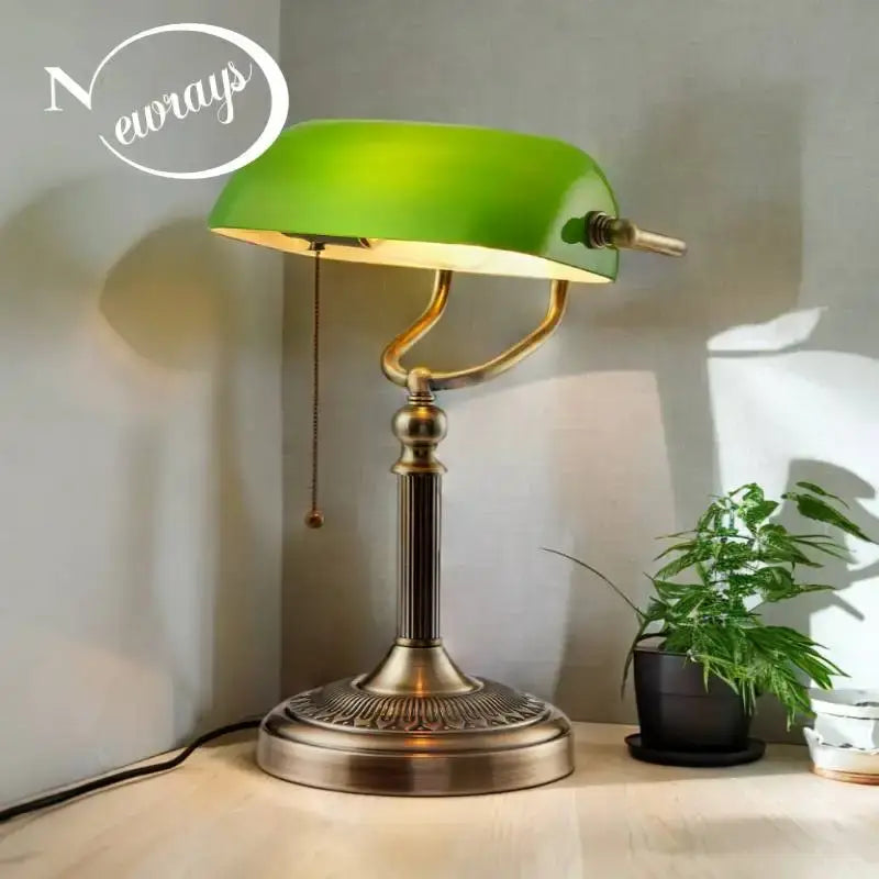 Vintage green and white glass bankers desk lamp with brass-finished metal base for bedroom decor by decorbites glass bankers