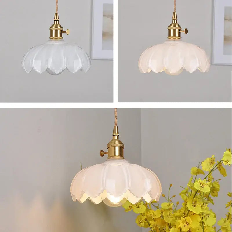 Vintage green and white glass pendant light with scalloped edges and brass fixture thoughtfully styled for dining rooms