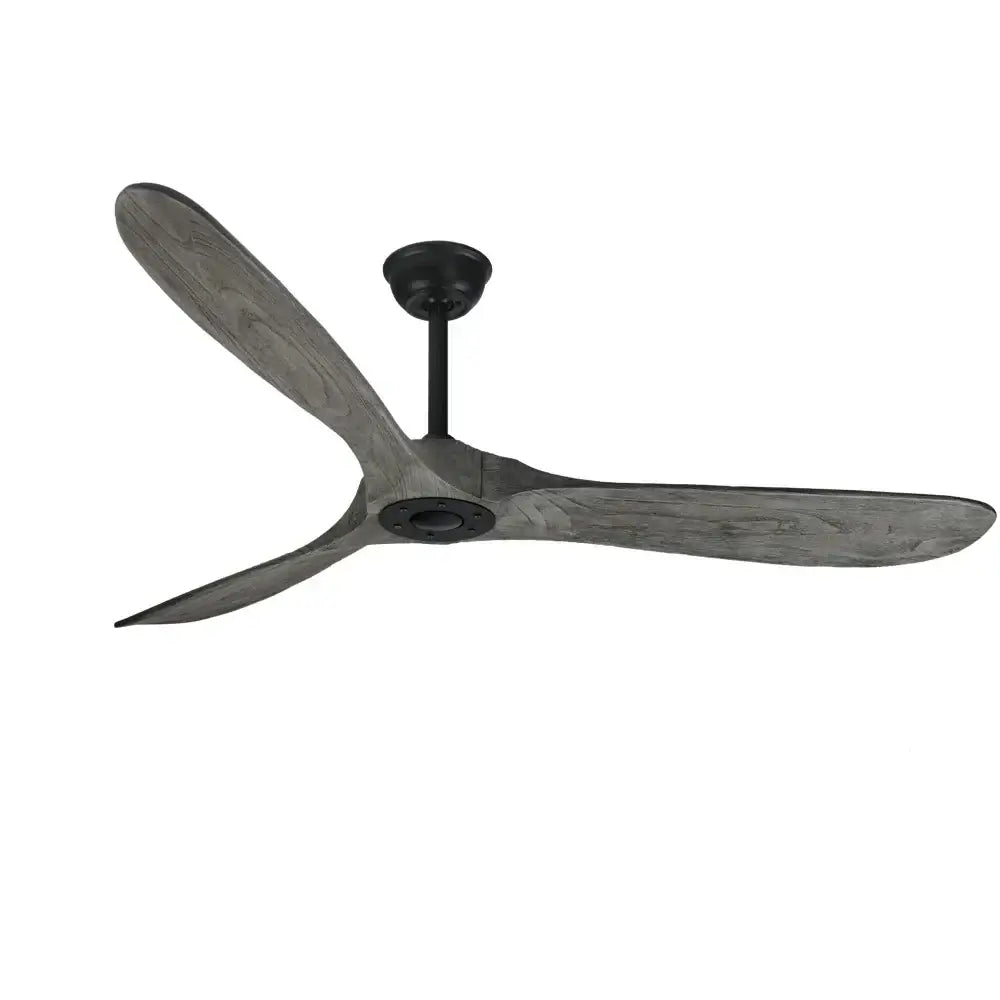 Modern vintage ceiling fan with three wide gray wood grain blades and matte black hub for living room use