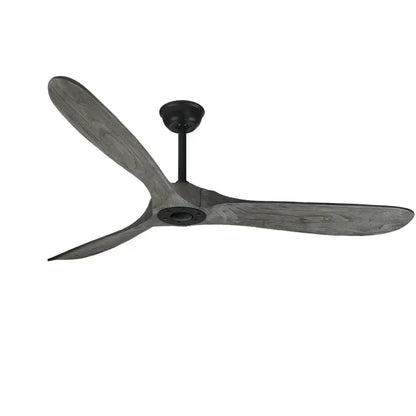 Modern vintage ceiling fan with three wide gray wood grain blades and matte black hub for living room use