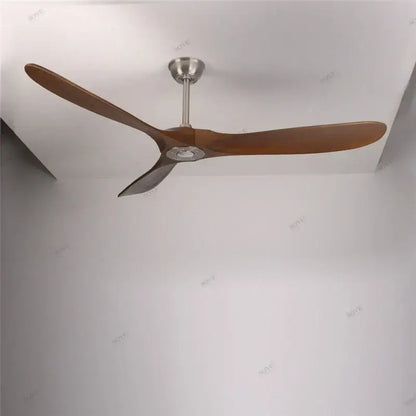 Modern vintage ceiling fan with three dark brown wooden blades and brushed stainless steel hub for living room use