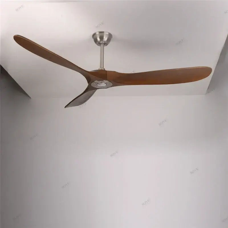 Modern vintage ceiling fan with three dark brown wooden blades and brushed stainless steel hub for living room use