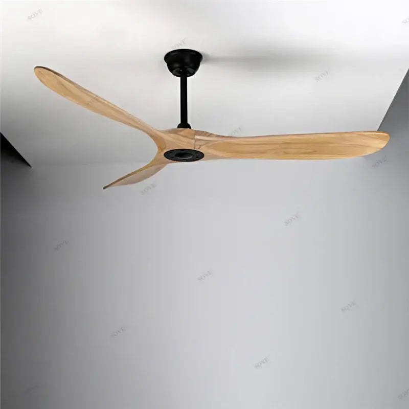 Modern vintage ceiling fan with three light wooden blades and matte black hub for living room with remote control