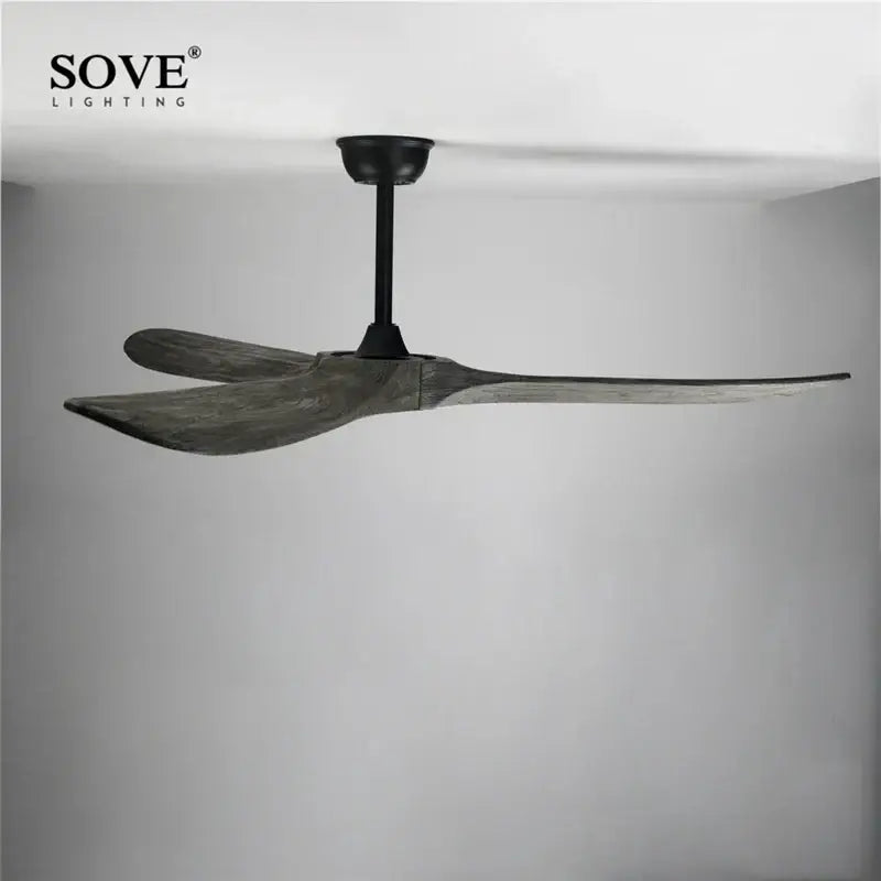 Sove lighting black finished vintage ceiling fan with three rustic weathered wood blades for living room use