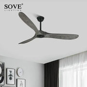 Vintage grey wood ceiling fan by Sove lighting with three dark gray wooden blades and black matte central hub for living room