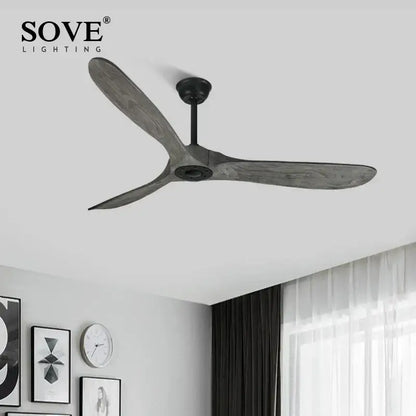 Vintage grey wood ceiling fan by Sove lighting with three dark gray wooden blades and black matte central hub for living room