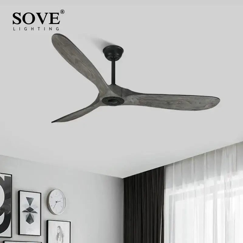 Vintage grey wood ceiling fan by Sove lighting with three dark gray wooden blades and black matte central hub for living room