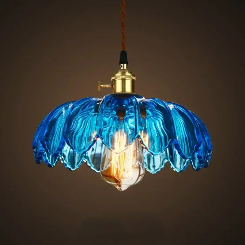 Blue glass pendant lights with brass fixture and exposed filament bulb vintage led cafe lighting for restaurant use