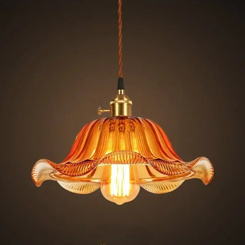 Warm amber glass pendant lights with brass finish and twisted brown cord vintage led cafe lighting fixture