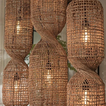 Vintage Hand-Woven Brown Rattan Cylinder Pendant Light - Decorbites