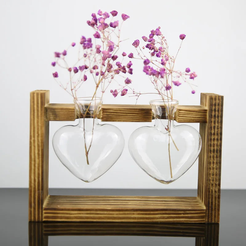 Vintage Heart-Shaped Wooden Frame Glass Vase - Vase