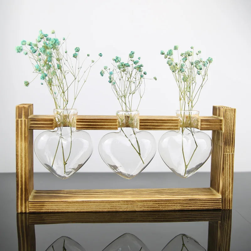 Vintage Heart-Shaped Wooden Frame Glass Vase - Vase
