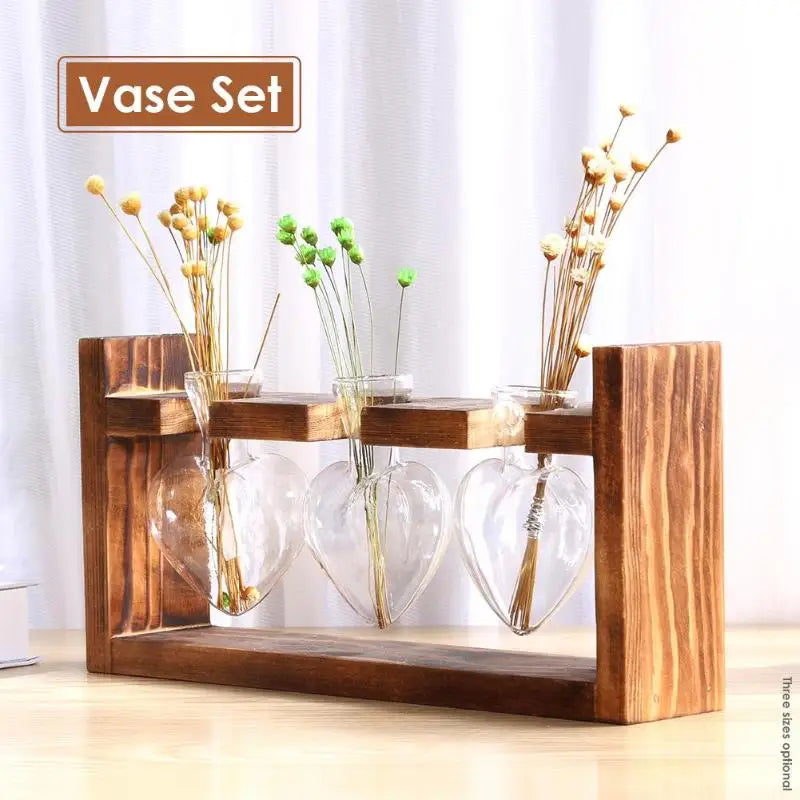 Vintage Heart-Shaped Wooden Frame Glass Vase - Vase