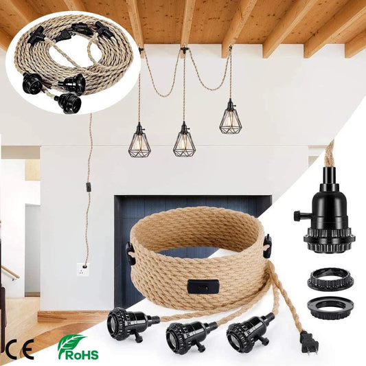 Vintage Hemp Rope 3-Light Pendant Cord Kit - Decorbites