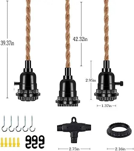 Vintage Hemp Rope 3-Light Pendant Cord Kit - Decorbites