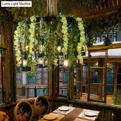 Vintage Hemp Rope Flower Chandelier with Metal Cage and 8 Heads