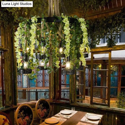 Vintage Hemp Rope Flower Chandelier with Metal Cage and 8 Heads