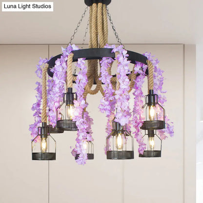 Vintage Hemp Rope Flower Chandelier with Metal Cage and 8 Heads