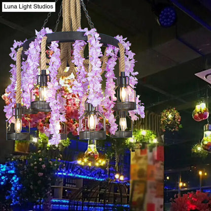 Vintage Hemp Rope Flower Chandelier with Metal Cage and 8 Heads