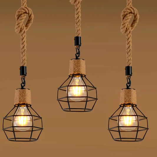 Vintage Hemp Rope Iron Pendant Light in Black - Decorbites