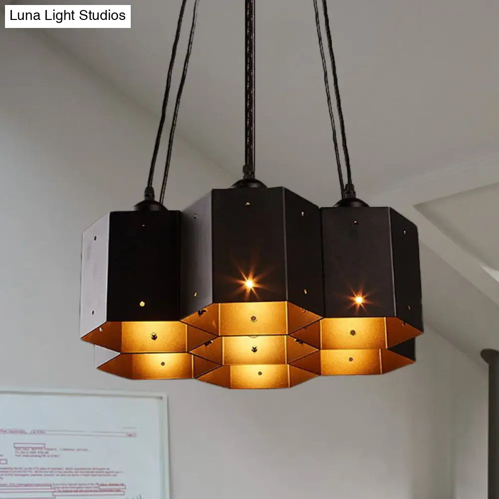 Vintage Hexagonal Chandelier with Black Honeycomb Design - 7/10/11 Down Lights for Restaurants