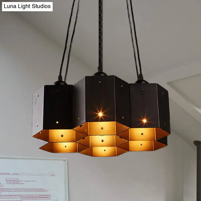 Vintage Hexagonal Chandelier with Black Honeycomb Design - 7/10/11 Down Lights for Restaurants