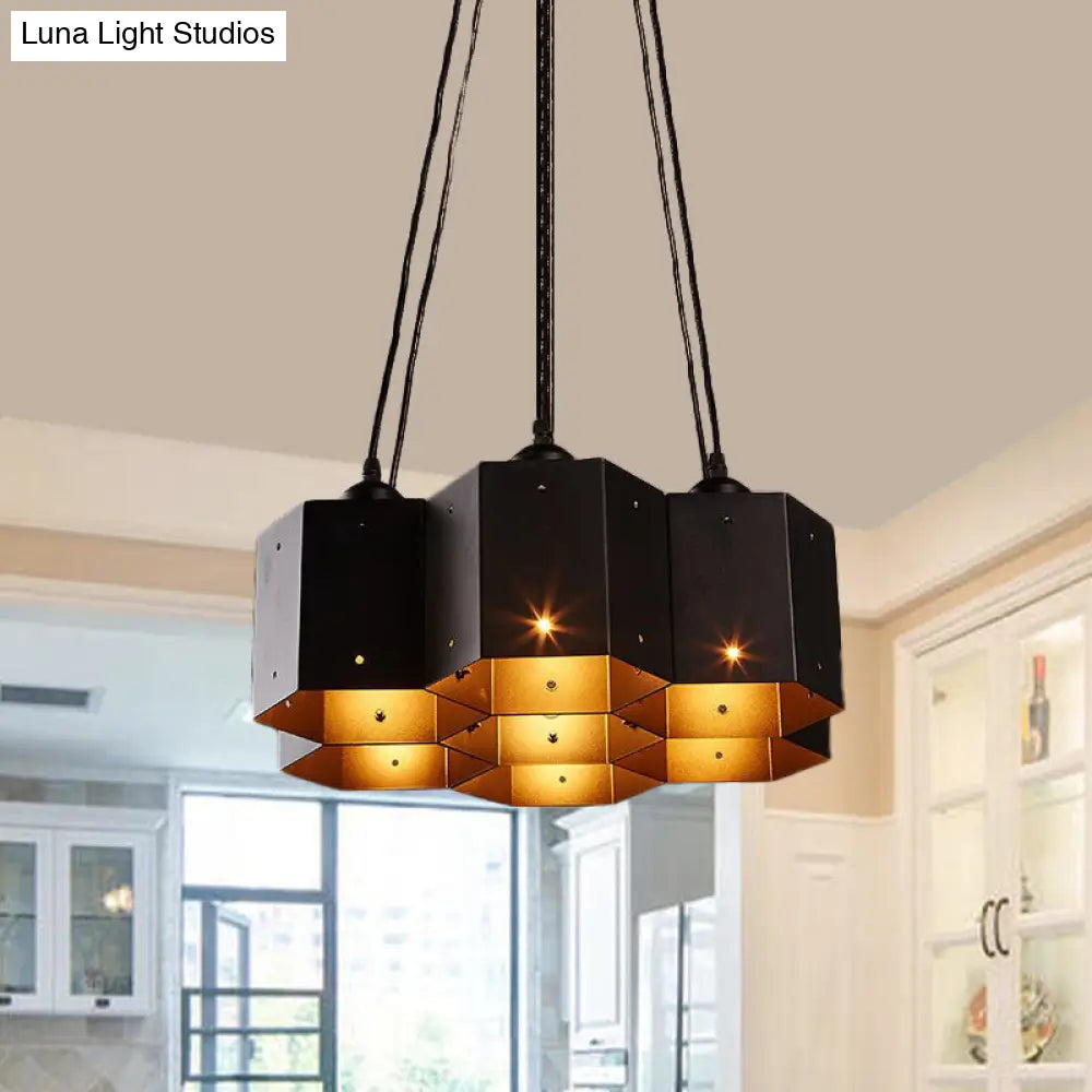 Vintage Hexagonal Chandelier with Black Honeycomb Design - 7/10/11 Down Lights for Restaurants