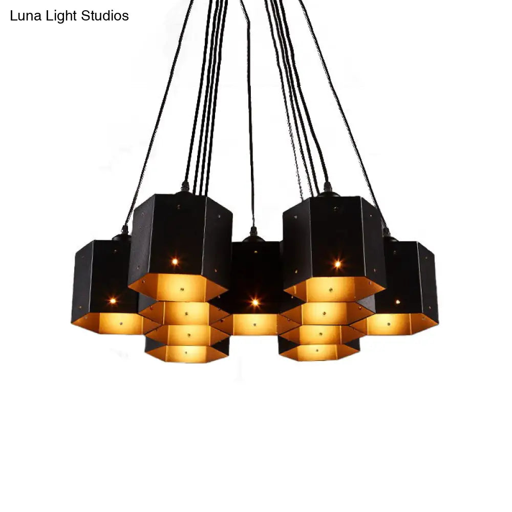 Vintage Hexagonal Chandelier with Black Honeycomb Design - 7/10/11 Down Lights for Restaurants