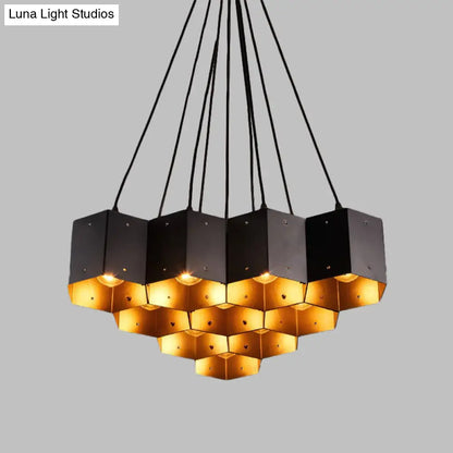 Vintage Hexagonal Chandelier with Black Honeycomb Design - 7/10/11 Down Lights for Restaurants